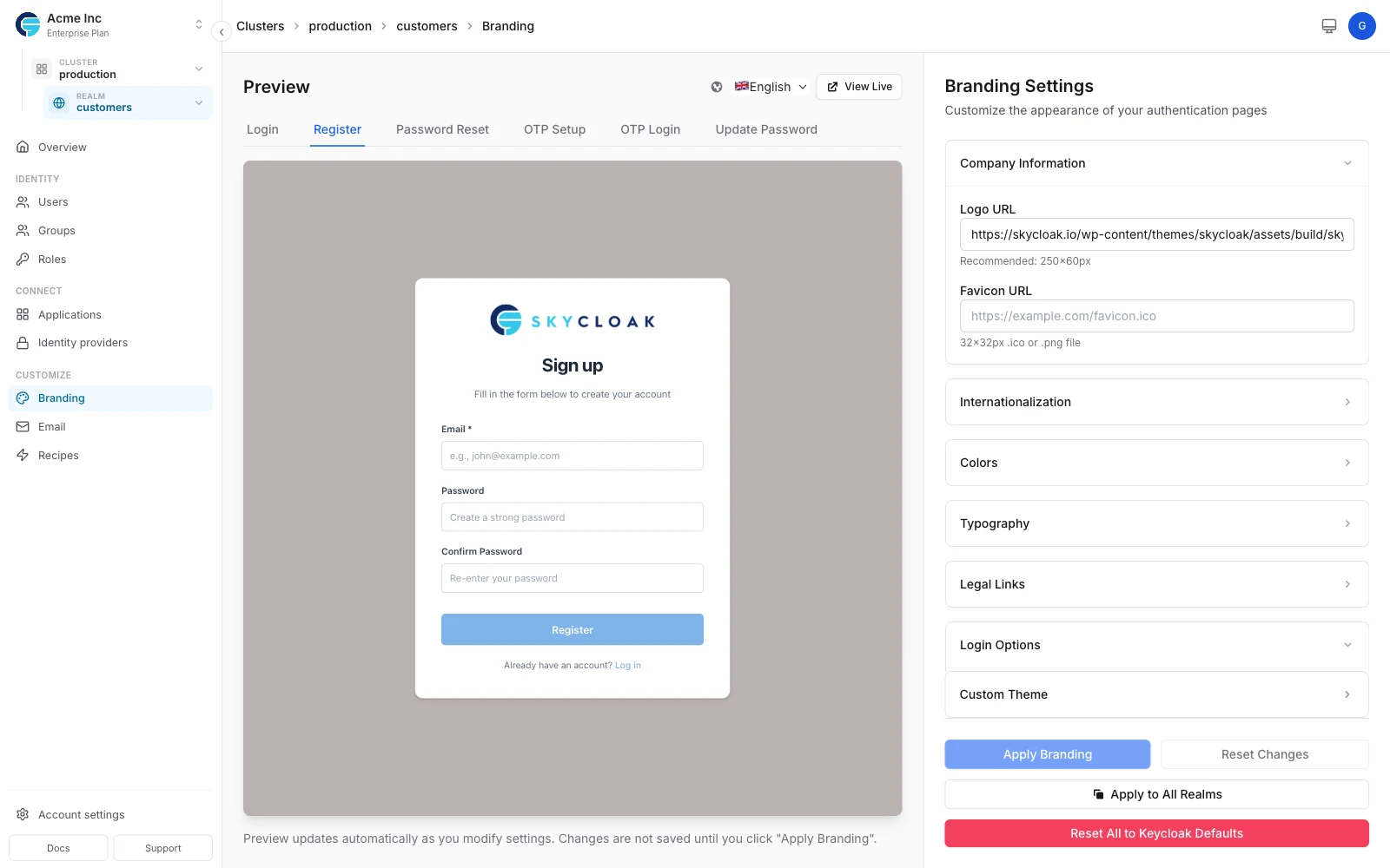 Registration form live preview