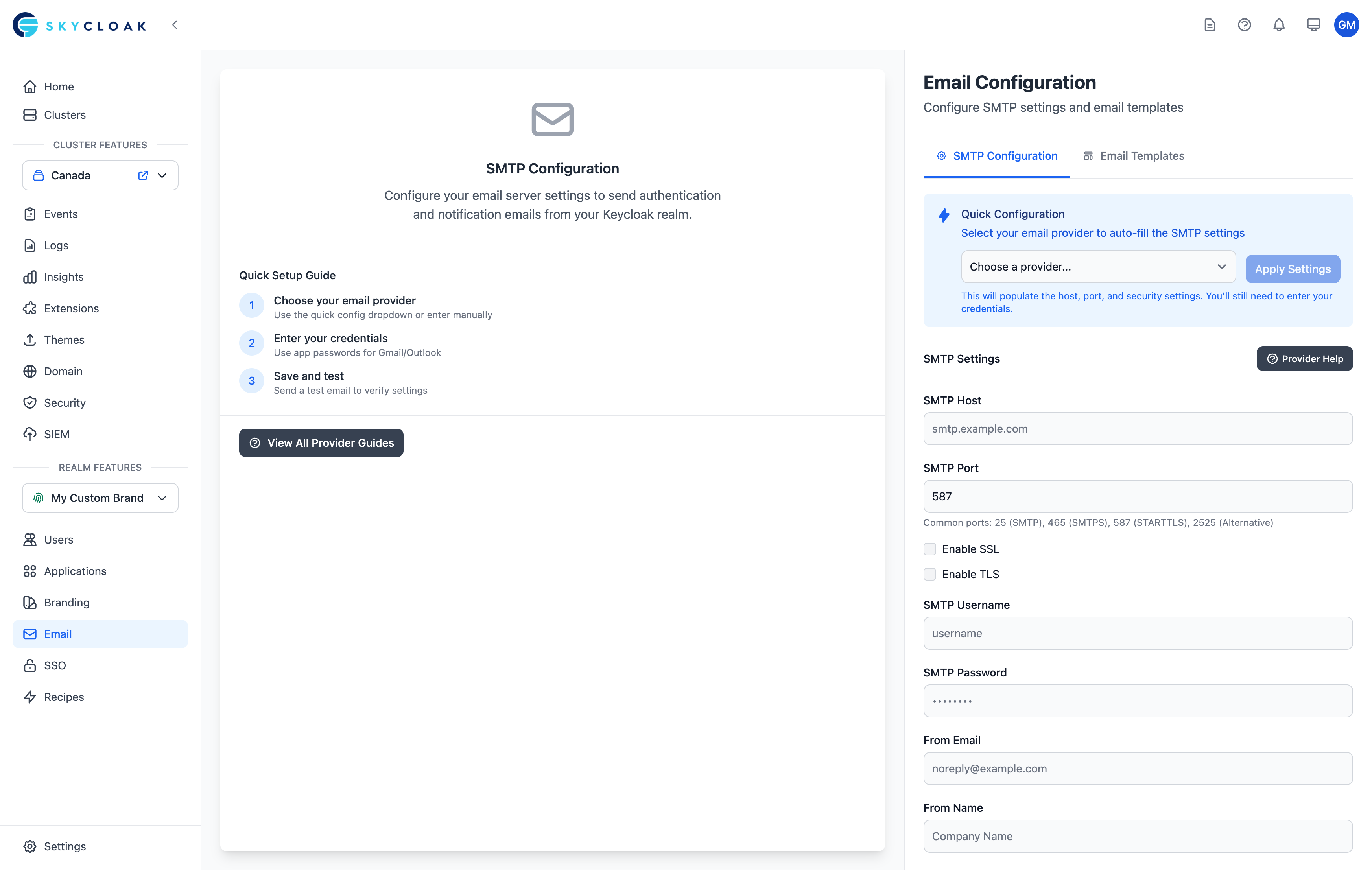 Email configuration dashboard