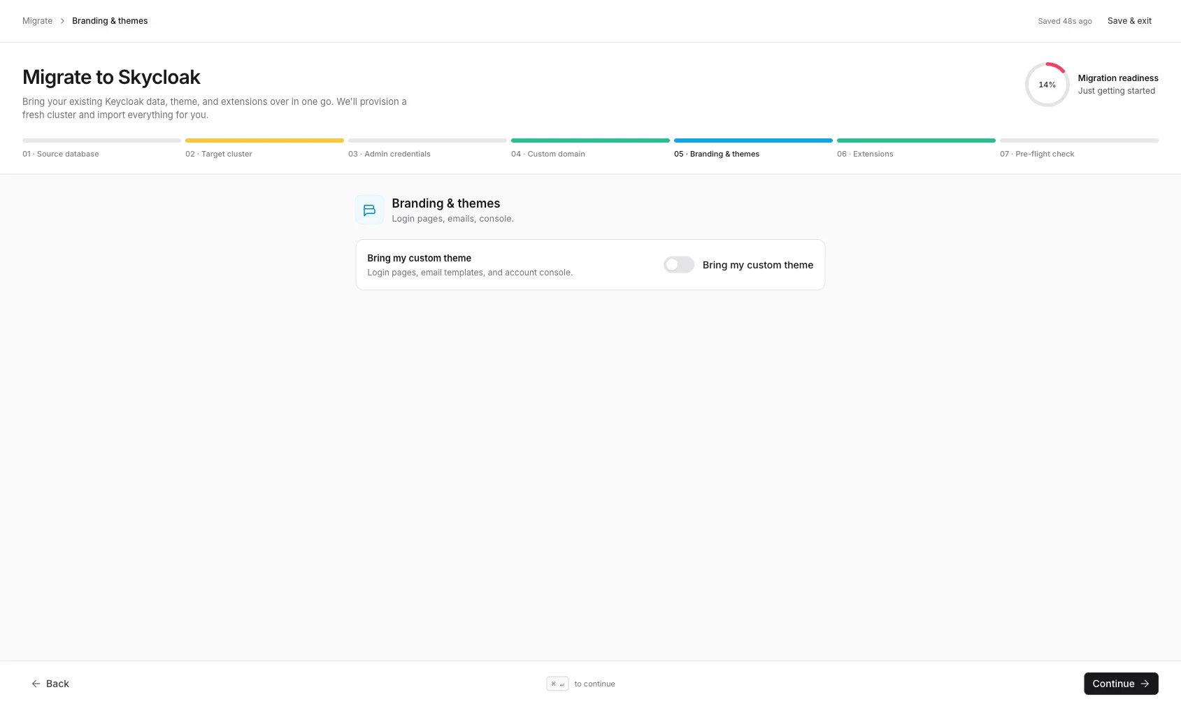 Migration wizard — Branding & themes step