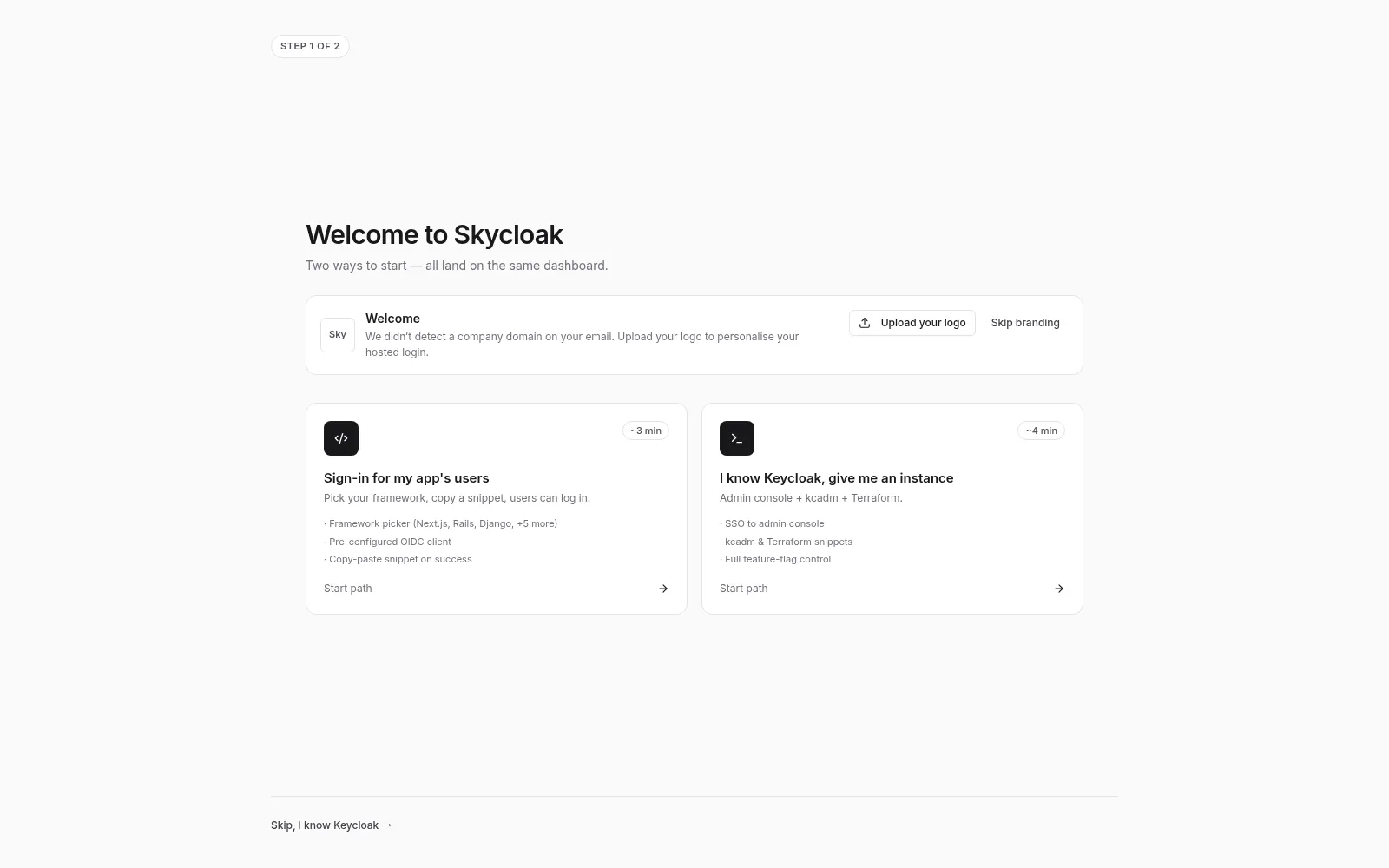 Onboarding welcome screen with the two path cards