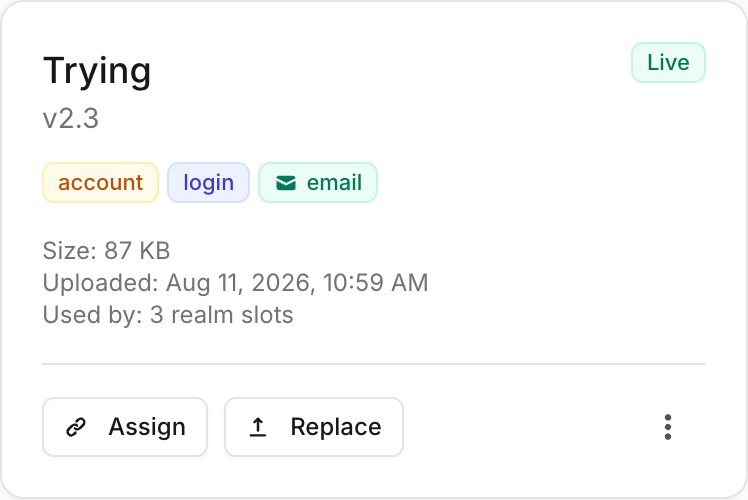 A theme in the library, with Assign and Replace, and the rest behind the ⋮ menu