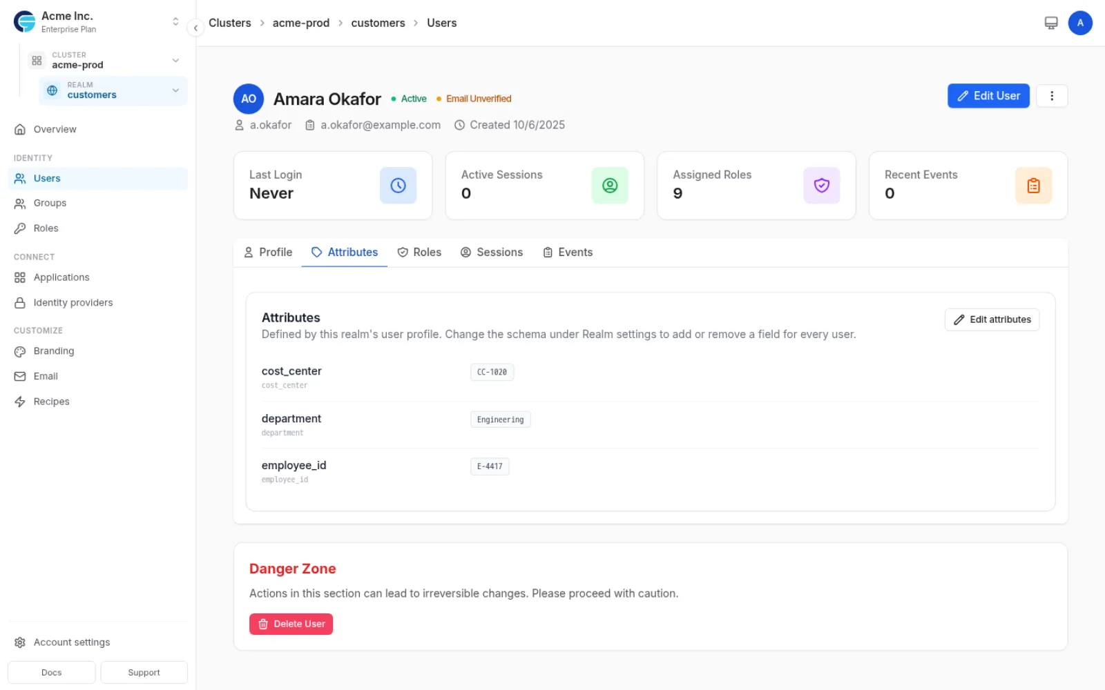 Attributes tab on a user