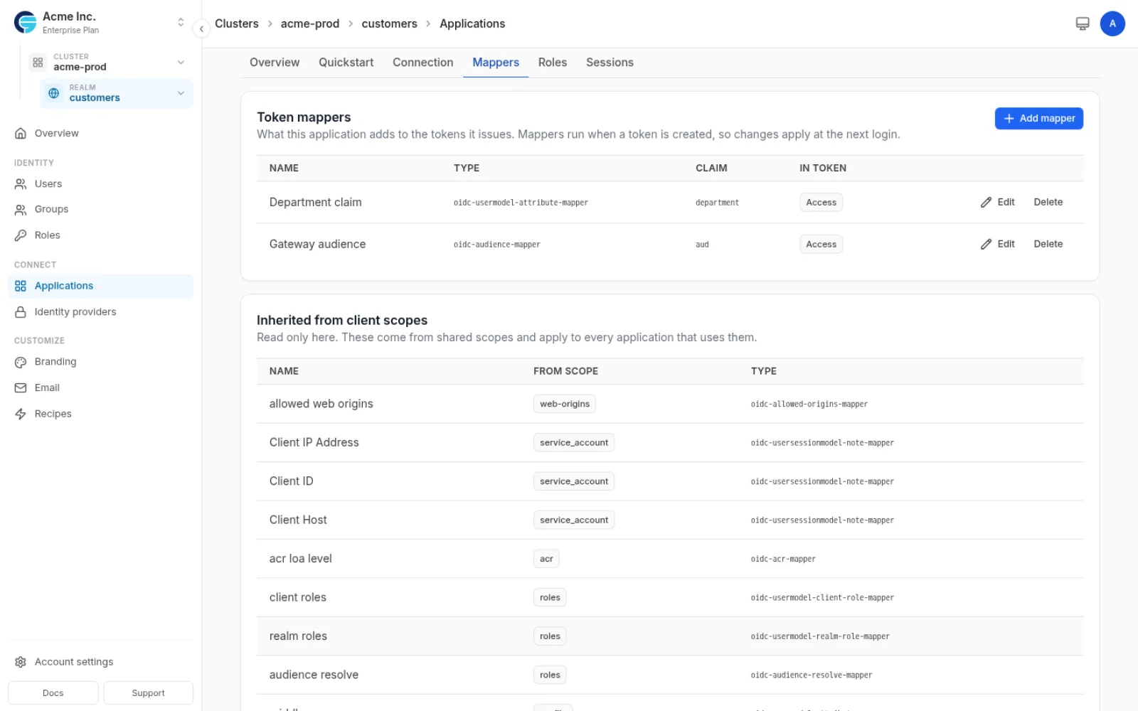 Token mappers on an application