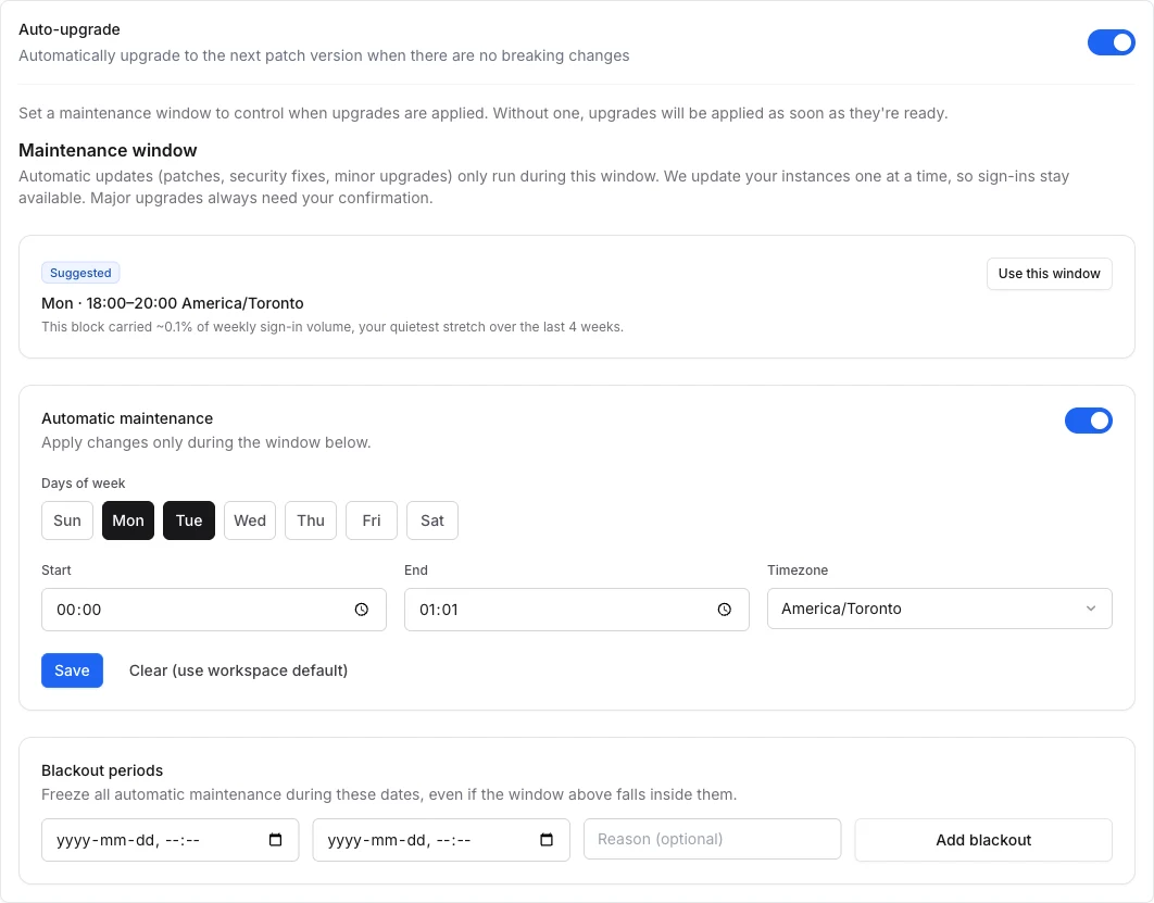 Auto-upgrade and maintenance window settings