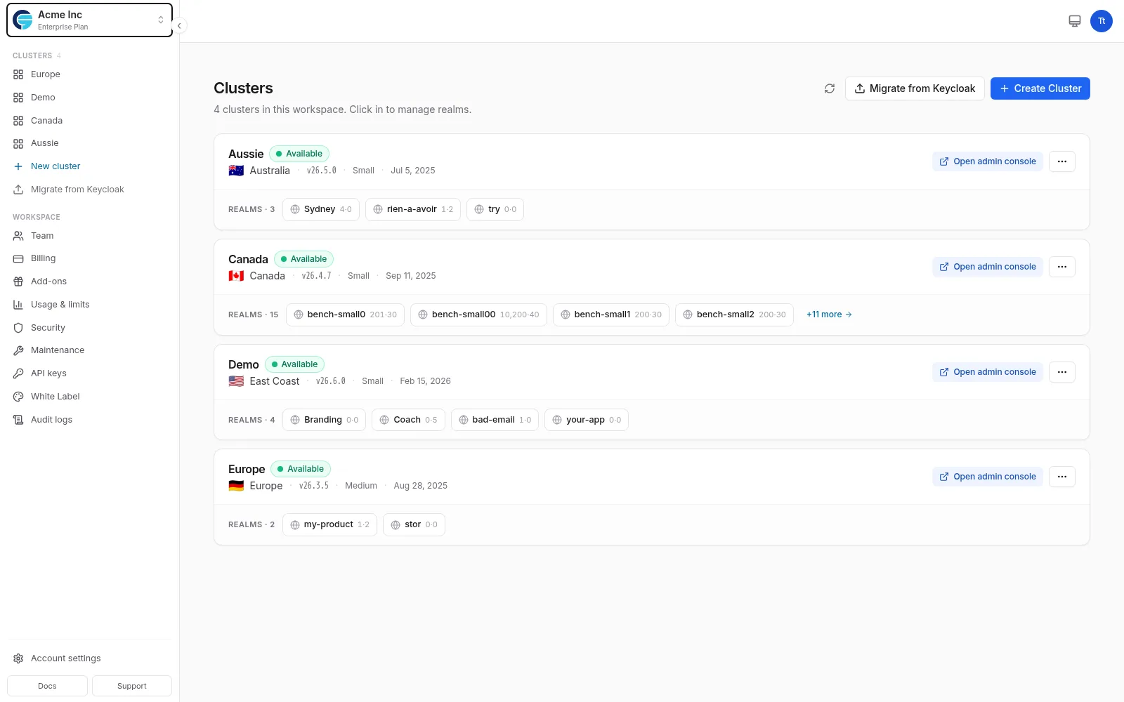 Clusters page