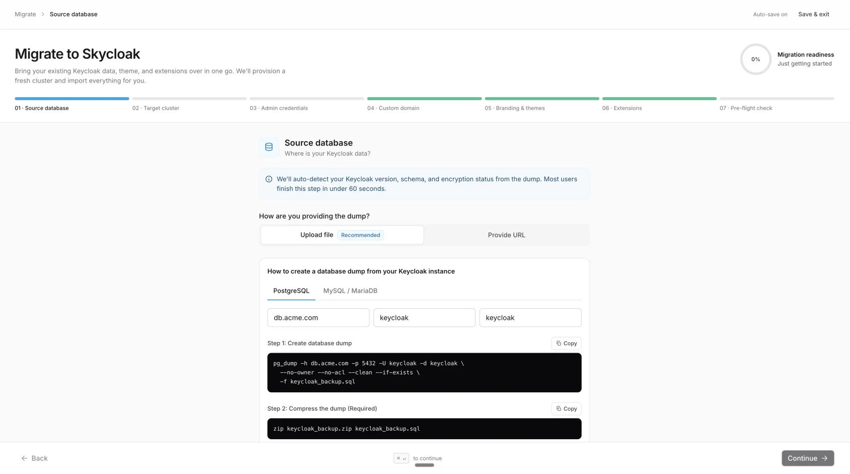 Migration wizard — Source database step