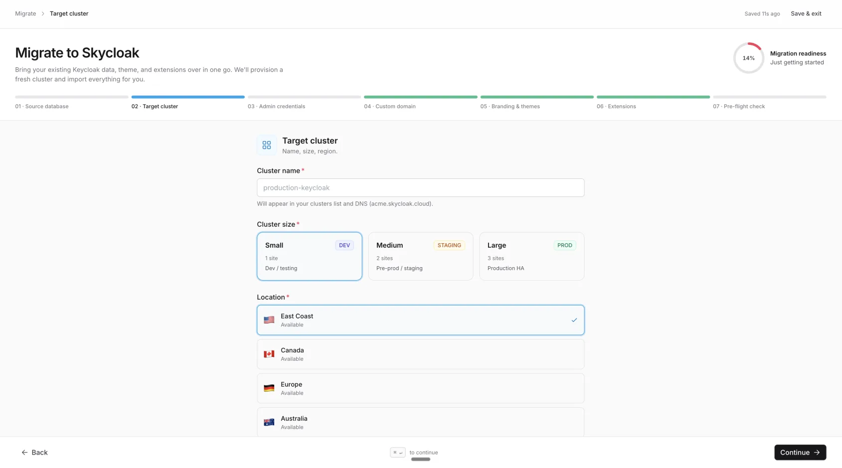 Migration wizard — Target cluster step