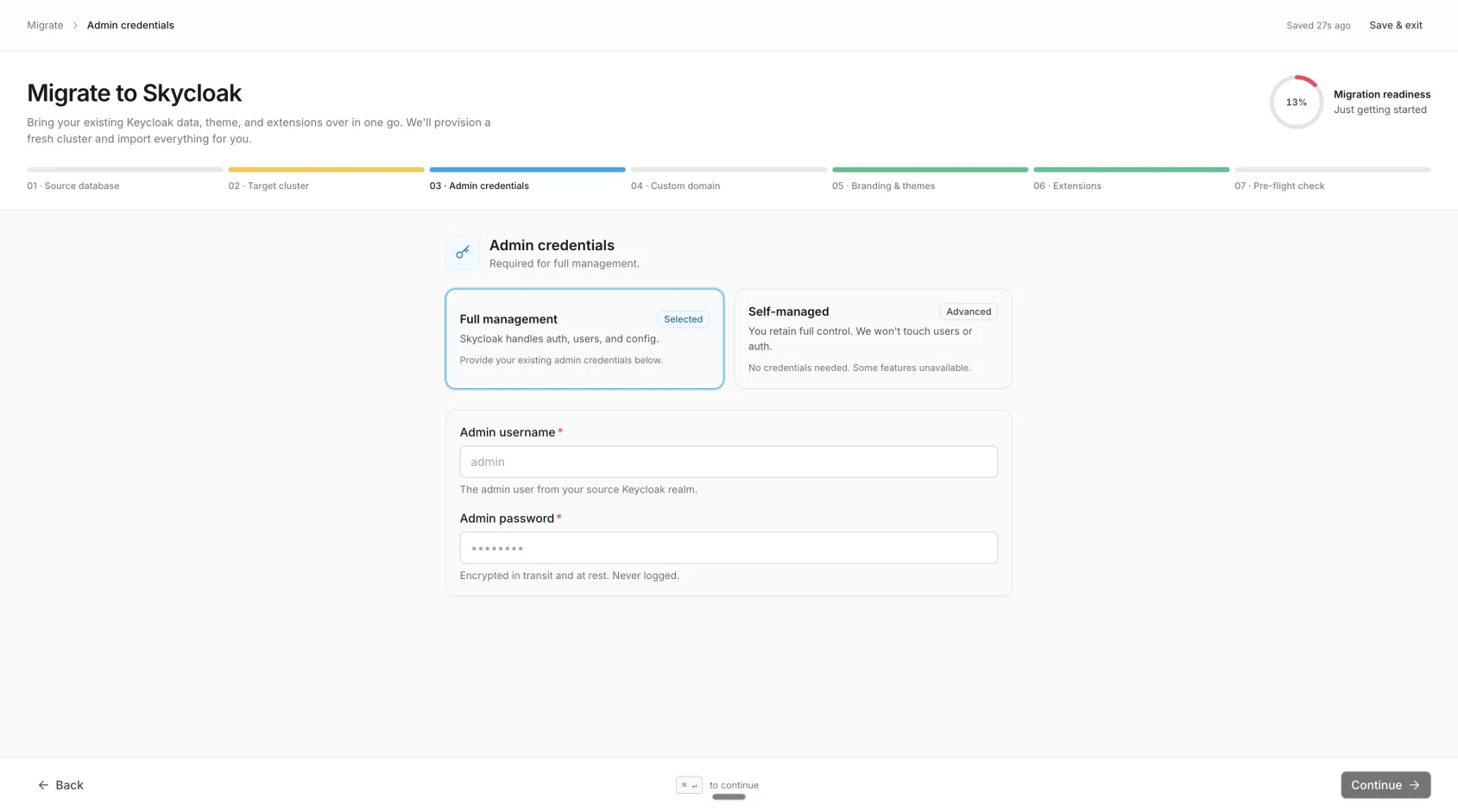 Migration wizard — Admin credentials step