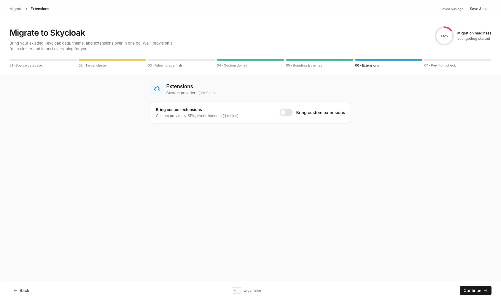 Migration wizard — Extensions step