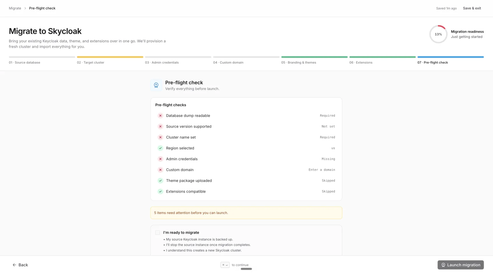 Migration wizard — Pre-flight check step