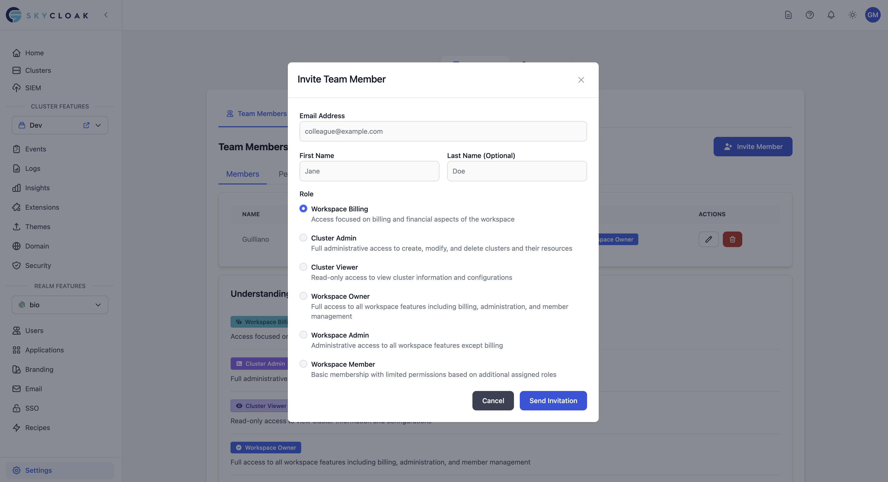 Team Management Interface