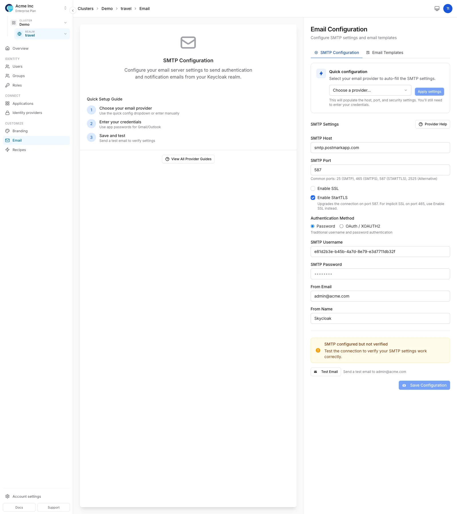 Email configuration dashboard