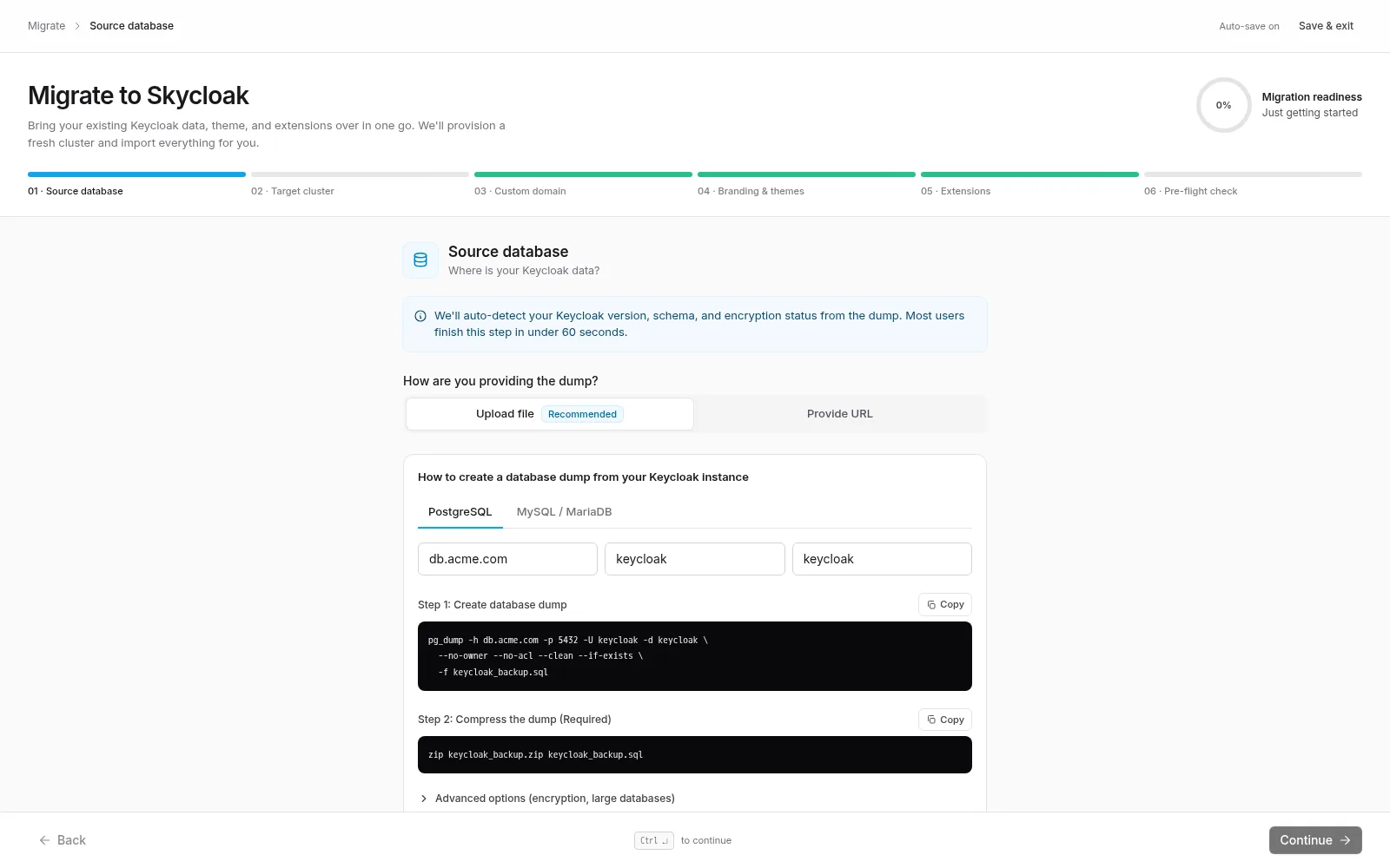 Migration wizard — Source database step