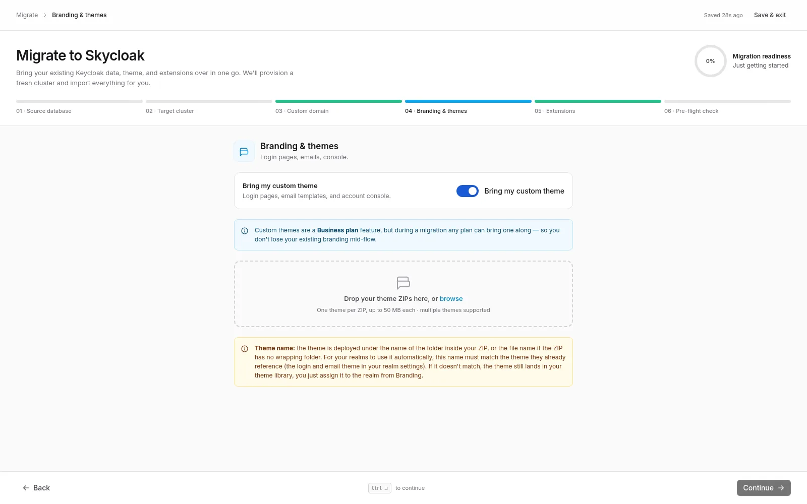 Migration wizard — Branding & themes step