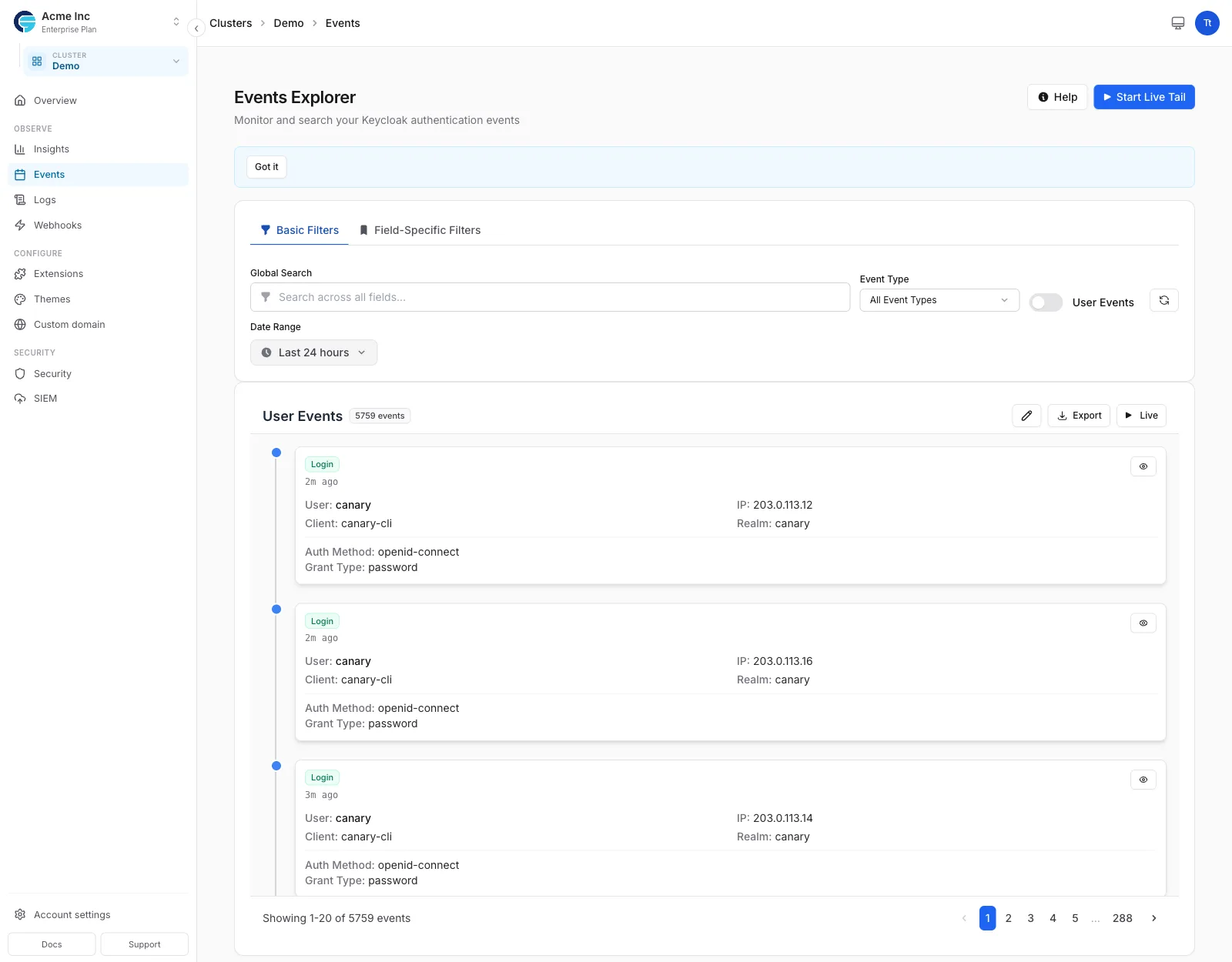 Audit Logs interface in Skycloak dashboard