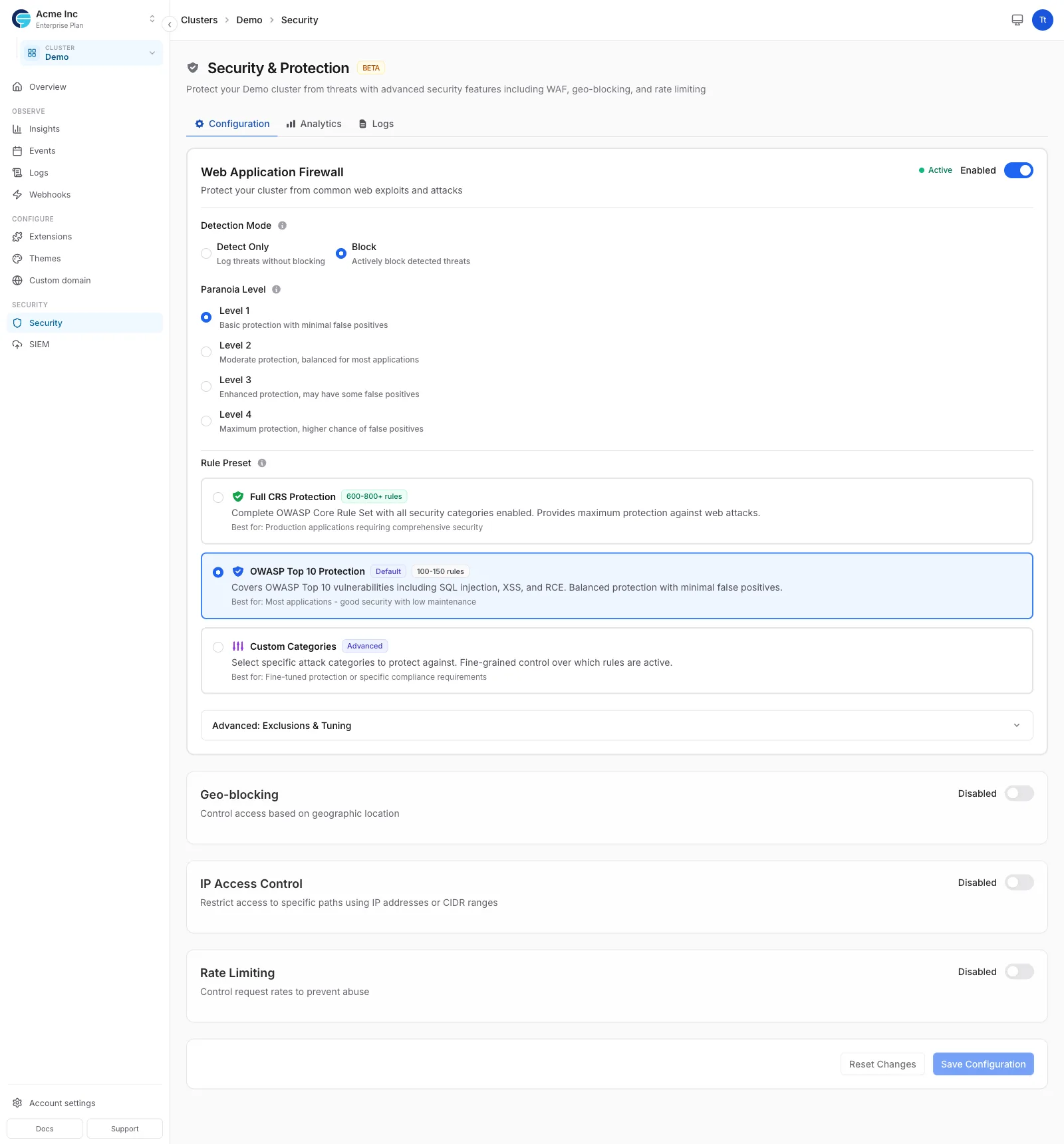 Advanced Security interface in Skycloak dashboard
