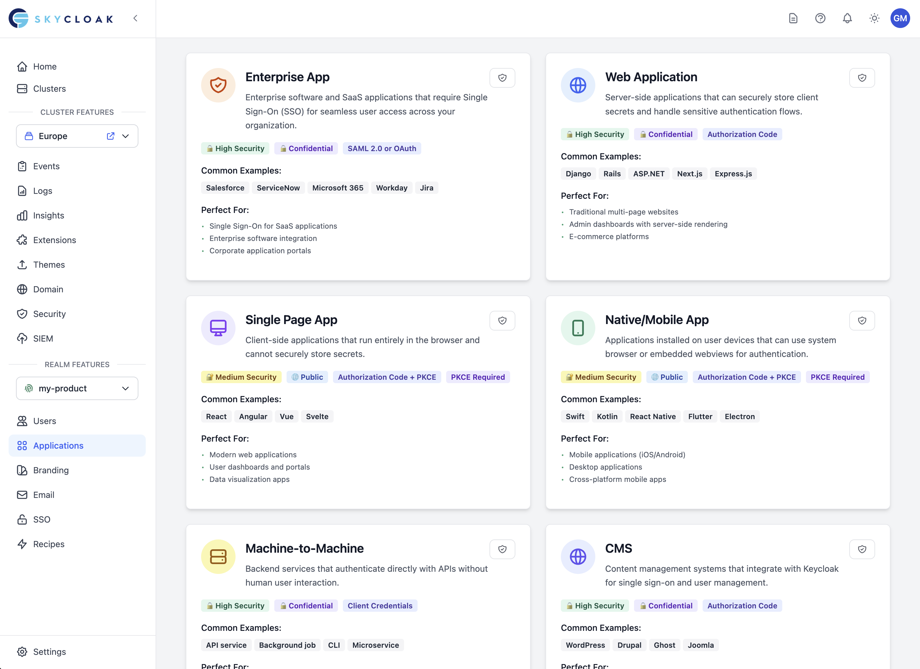 Application Management interface in Skycloak dashboard
