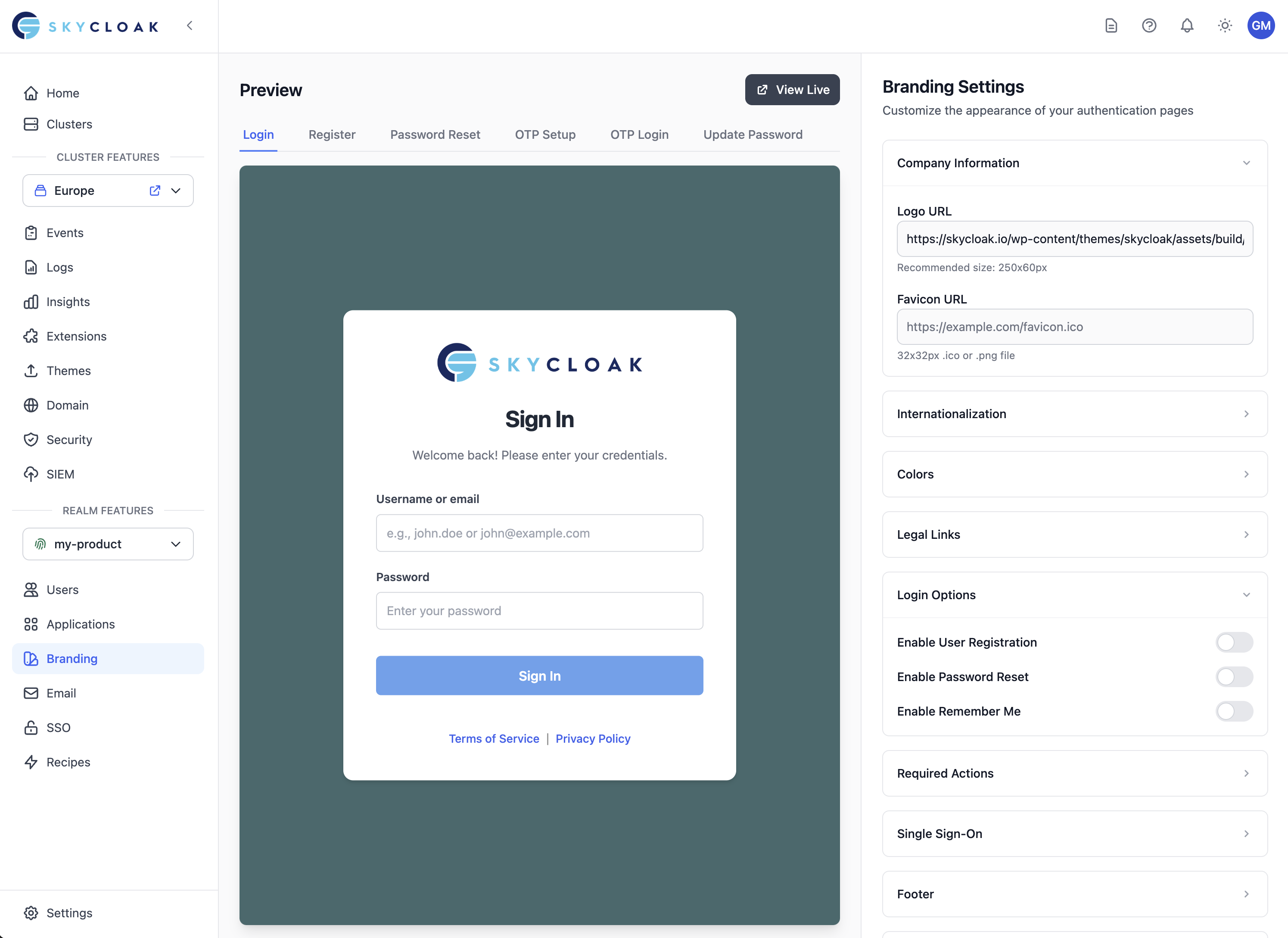 Branding & Theming interface in Skycloak dashboard