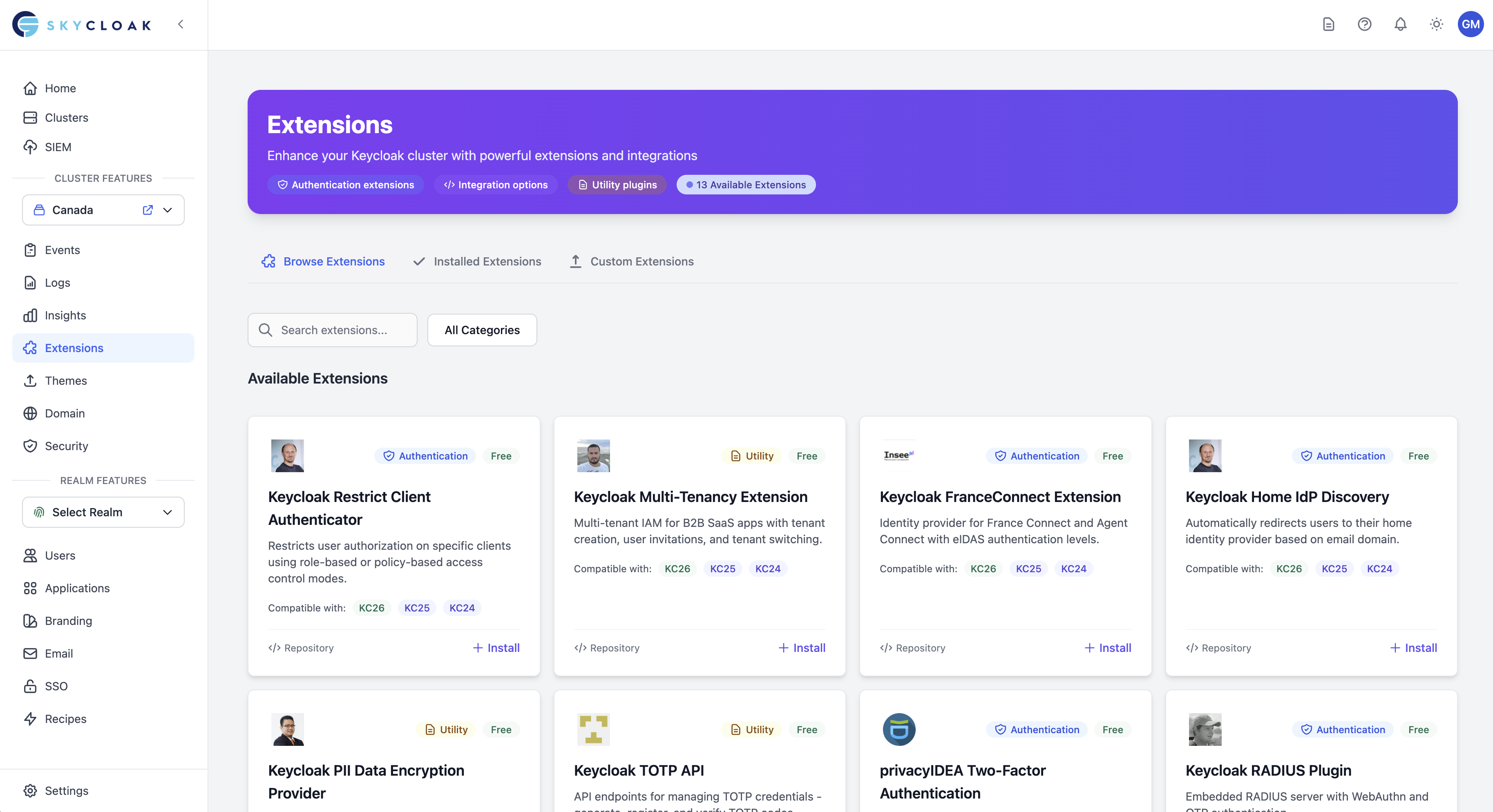 Extensions & Plugins interface in Skycloak dashboard