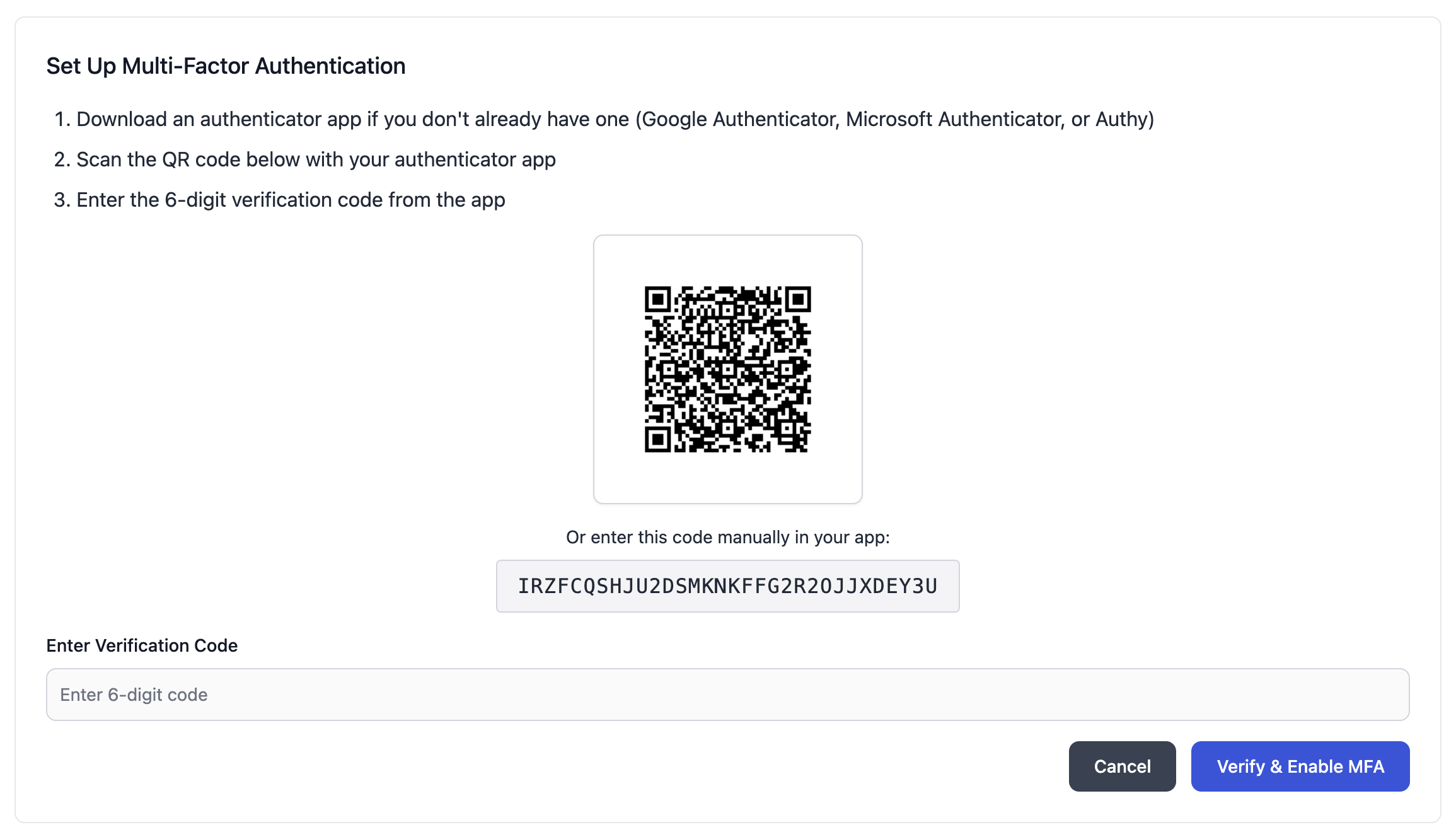 Multi-Factor Authentication interface in Skycloak dashboard