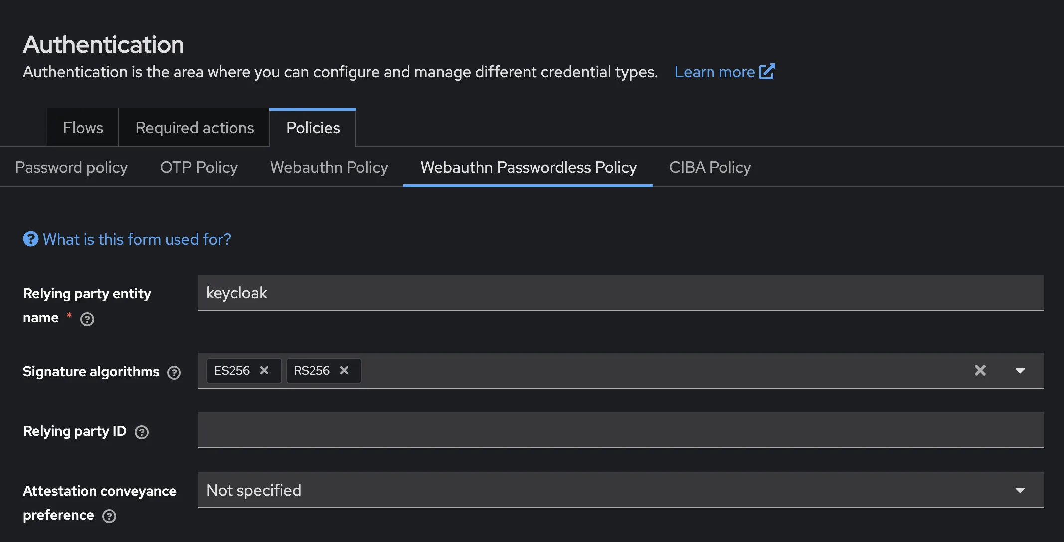 Passwordless Authentication interface in Skycloak dashboard