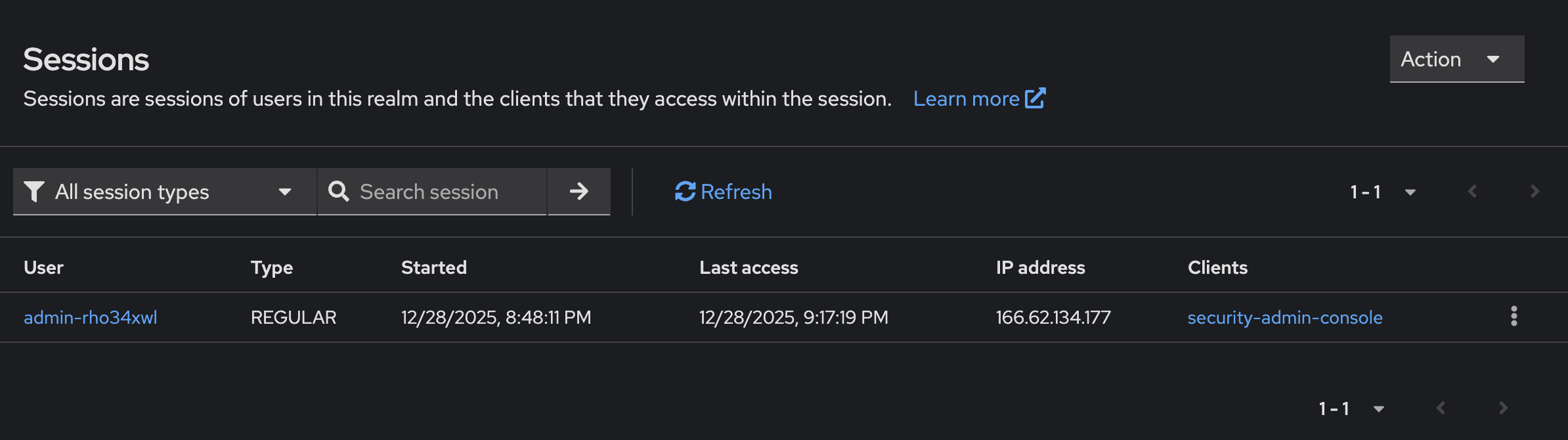 Session Management interface in Skycloak dashboard
