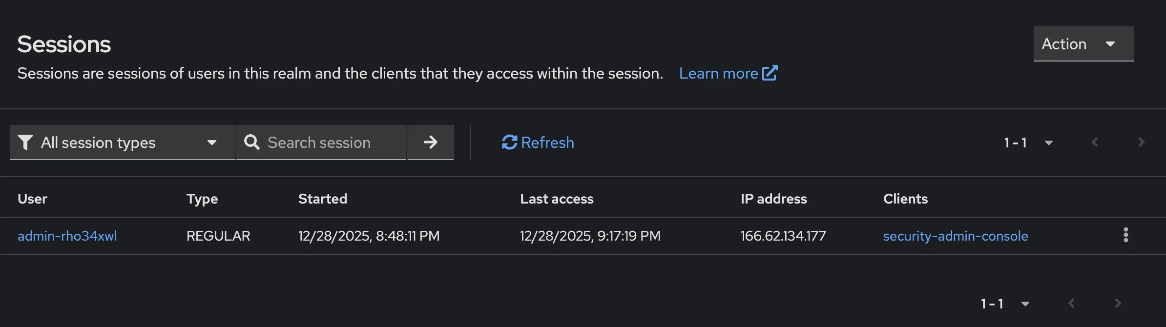Session Management interface in Skycloak dashboard