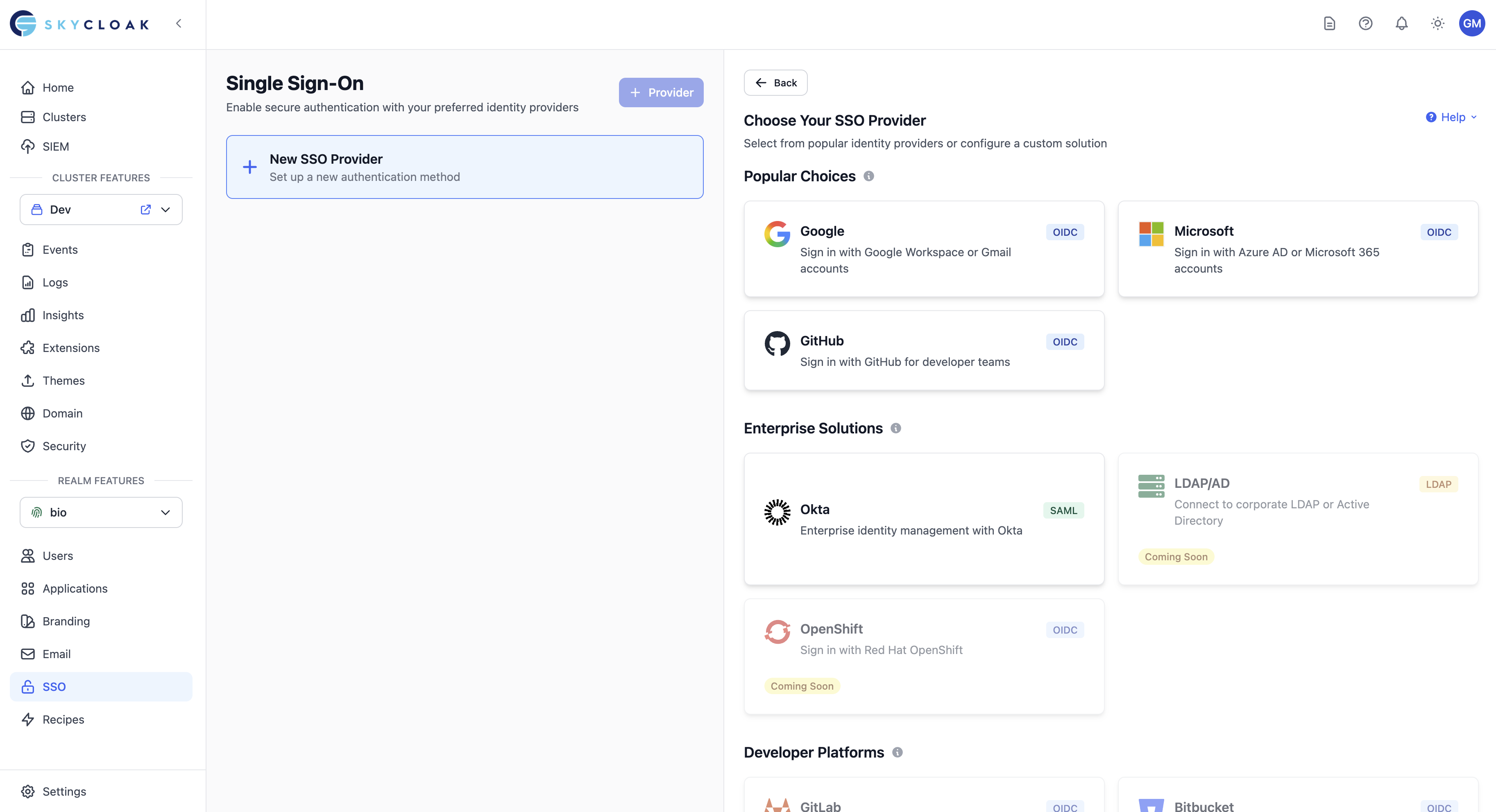 Social Login interface in Skycloak dashboard