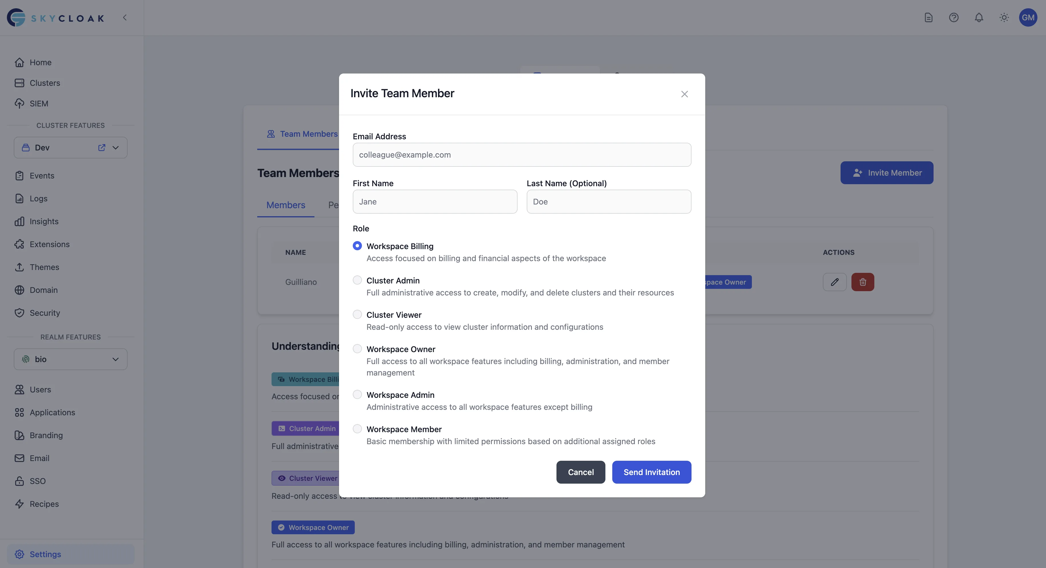 Team Management interface in Skycloak dashboard