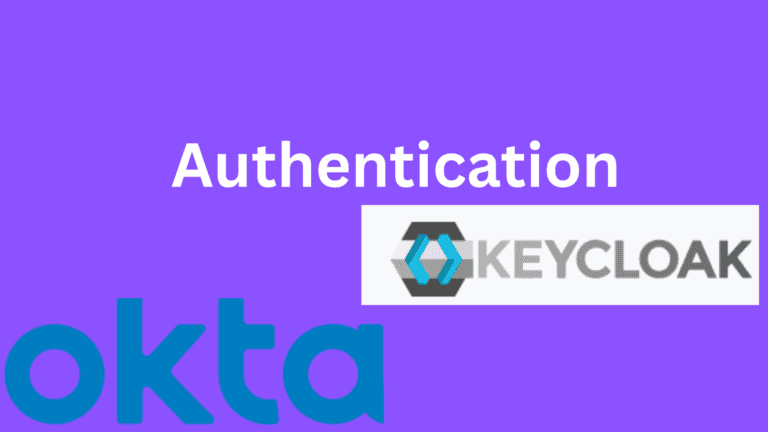 Purple background with the word 'Authentication' and Keycloak logo alongside the 'Okta' text on a white tile. festooned by logos.