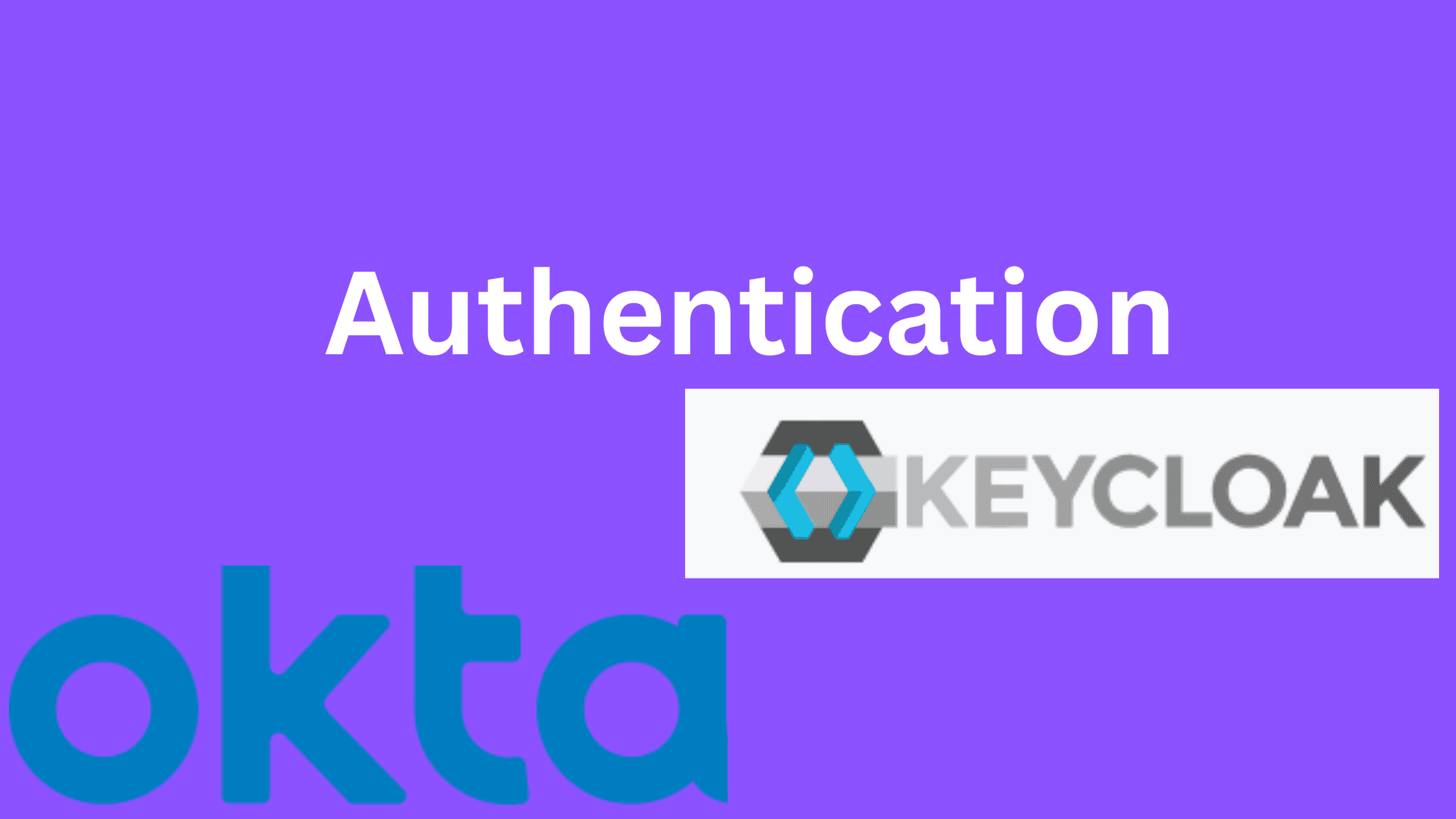 Purple background with the word 'Authentication' and Keycloak logo alongside the 'Okta' text on a white tile. festooned by logos.