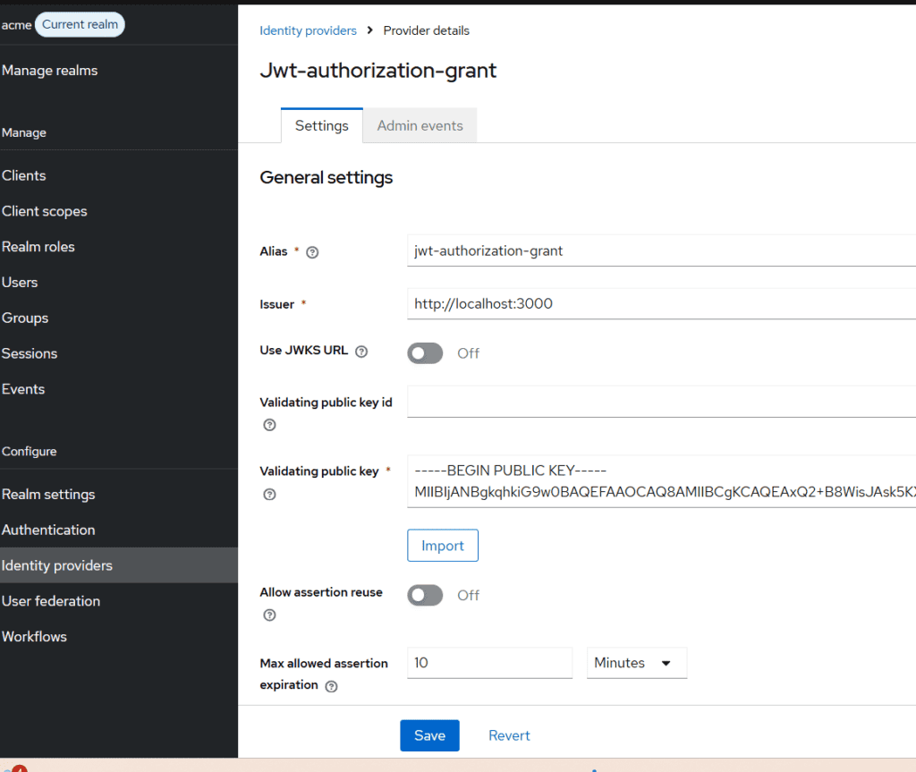 Keycloak-like admin console showing Jwt-authz-grant provider settings with fields for alias, issuer, keys, and Save button on the right panel.
