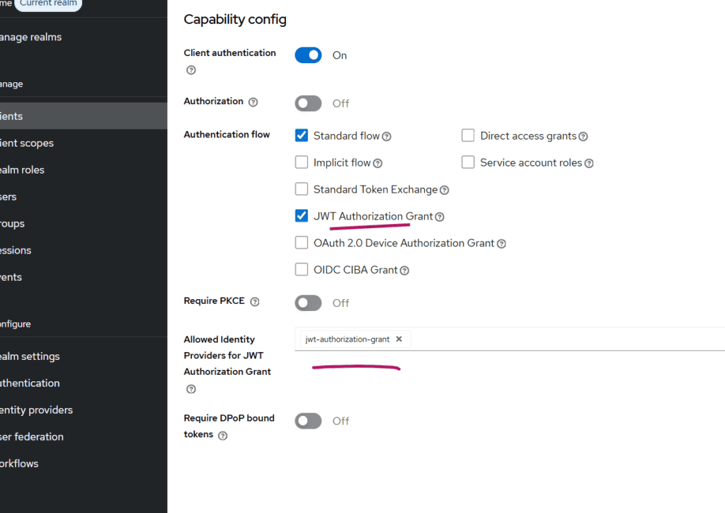Capability config panel with switches for Client authentication (On) and Standard flow enabled; JWT Authorization Grant checked and highlighted with a purple underline; other options like Direct access grants and OAuth2 device grant are Off/Unchecked.