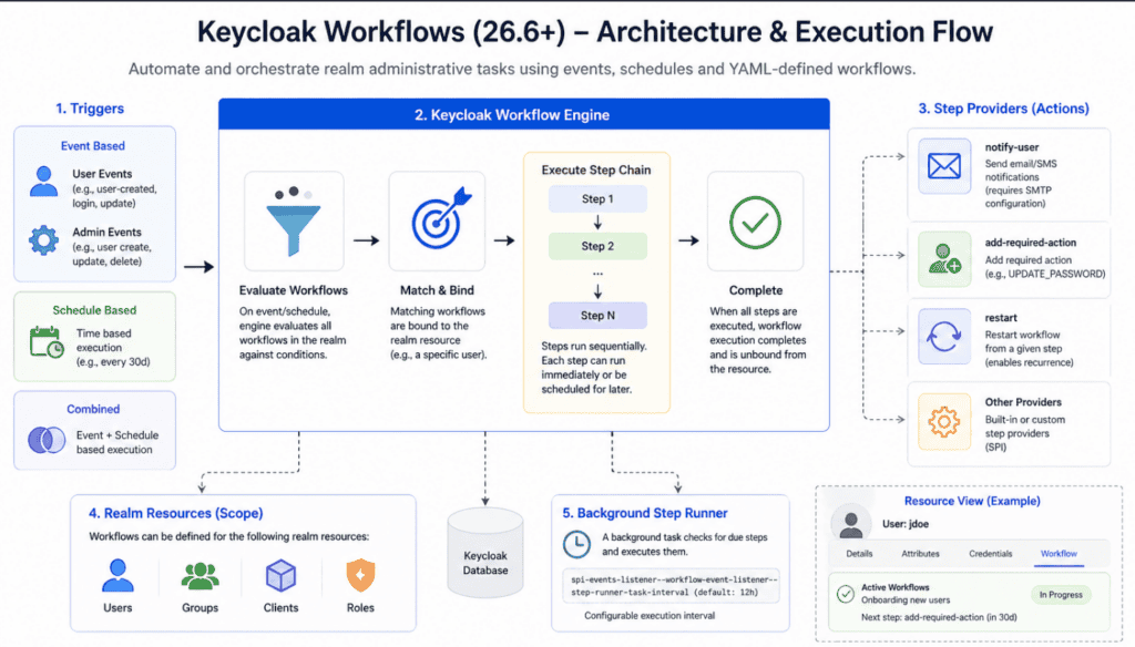 Keycloak Workflows architecture diagram showing triggers feeding into the Workflow Engine, which evaluates, matches, and executes steps to completion and connects to providers and resources.