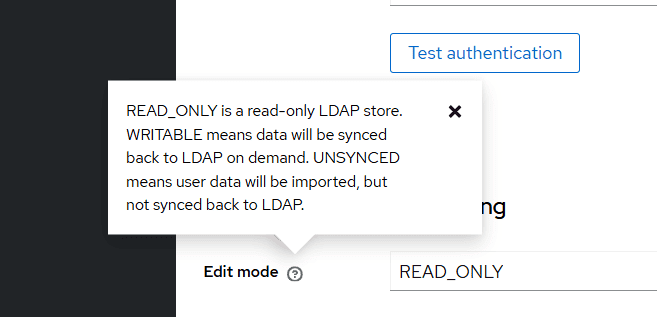 Tooltip explaining LDAP modes: READ_ONLY (read-only), WRITABLE (syncs back on demand), UNSYNCED (imports only, no back-sync).