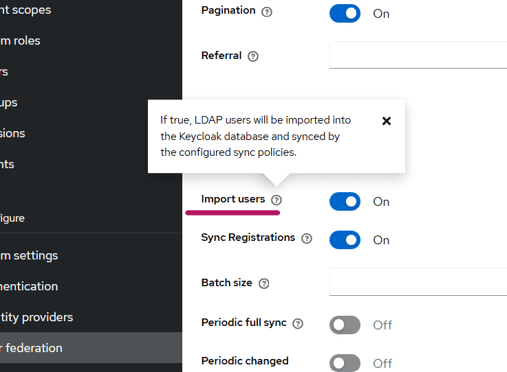 Tooltip: LDAP users will be imported into the Keycloak database and synced by configured policies, with toggles for Import users (On), Sync Registrations (On), Batch size, Periodic full sync (Off), and Periodic changed (Off) in the left-side settings panel.