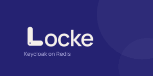 Logo slide: 'Locke' branding with the subtitle 'Keycloak on Redis' on a dark blue background with circular shapes.