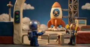 Claymation scene: a blue-helmeted astronaut waves near a rocket on a launch pad while two figures with maracas look on.