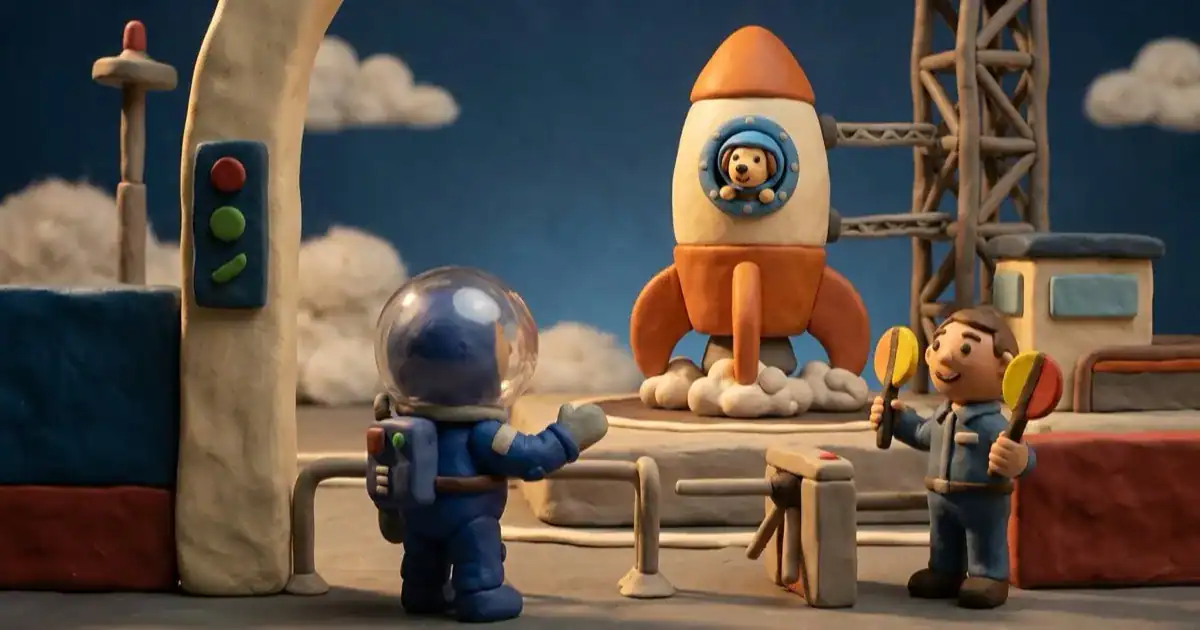 Claymation scene: a blue-helmeted astronaut waves near a rocket on a launch pad while two figures with maracas look on.