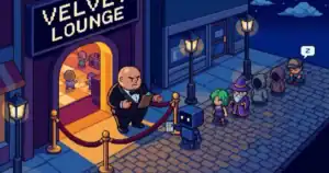 Line of quirky characters waits outside Velvet Lounge as a large doorman checks a guest pass; a small robot stands nearby on a cobblestone street at night.