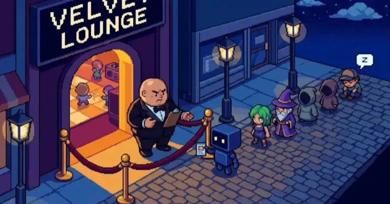 Line of quirky characters waits outside Velvet Lounge as a large doorman checks a guest pass; a small robot stands nearby on a cobblestone street at night.