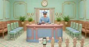 Pastel retro office scene: policeman at a pink-blue desk stamping papers, with numbered wooden figures and green walls in the background.