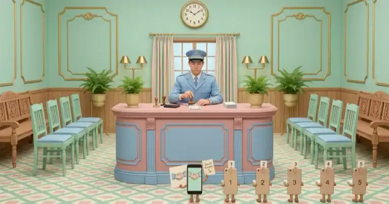 Pastel retro office scene: policeman at a pink-blue desk stamping papers, with numbered wooden figures and green walls in the background.