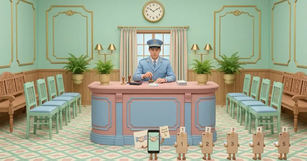 Pastel retro office scene: policeman at a pink-blue desk stamping papers, with numbered wooden figures and green walls in the background.