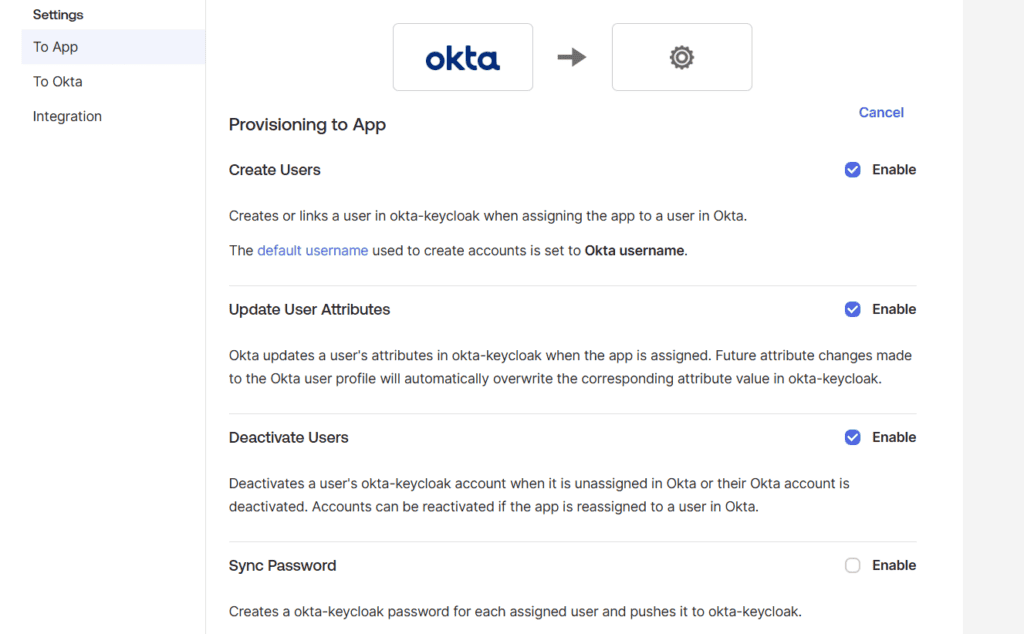 Okta provisioning settings screen: Create Users, Update User Attributes, Deactivate Users, and Sync Password with toggles and a left navigation showing Settings > To App.