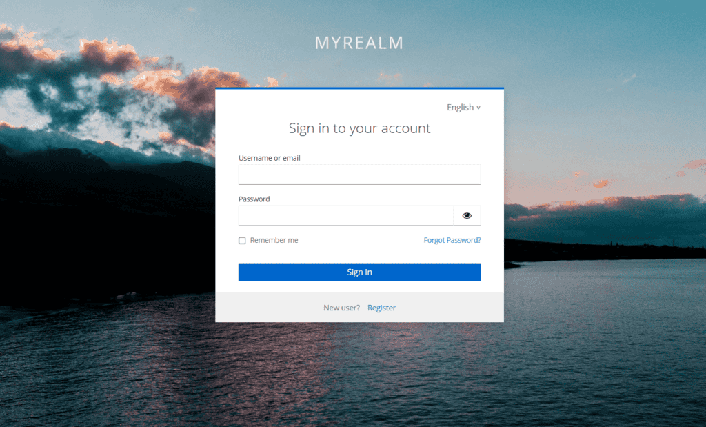 Login modal over scenic background with MYREALM logo; prompts to sign in, username or email field, password field with show icon, Remember me, Forgot Password, Sign In button, and links for New user Register
