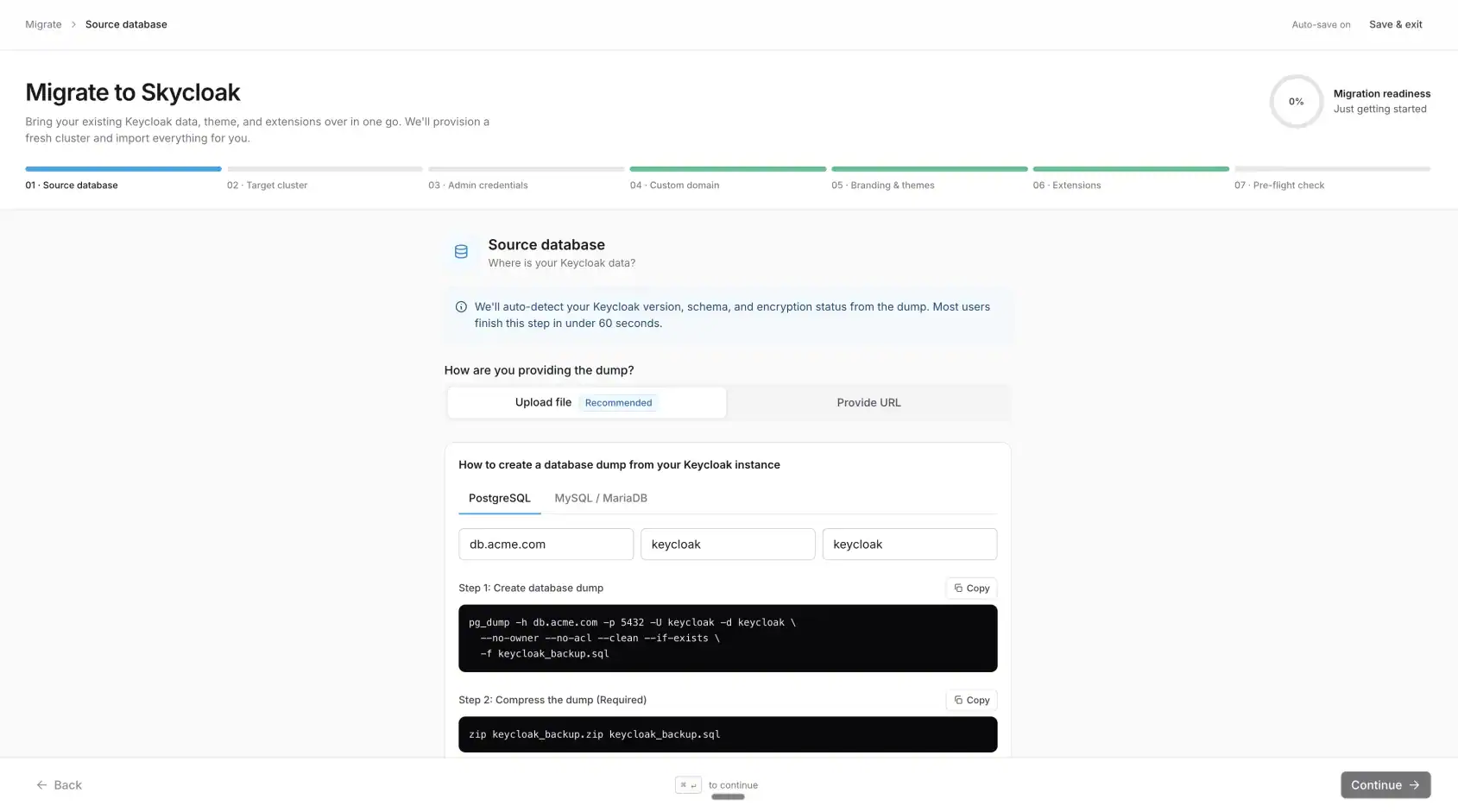 Migration wizard step 1: uploading the source Keycloak pg_dump