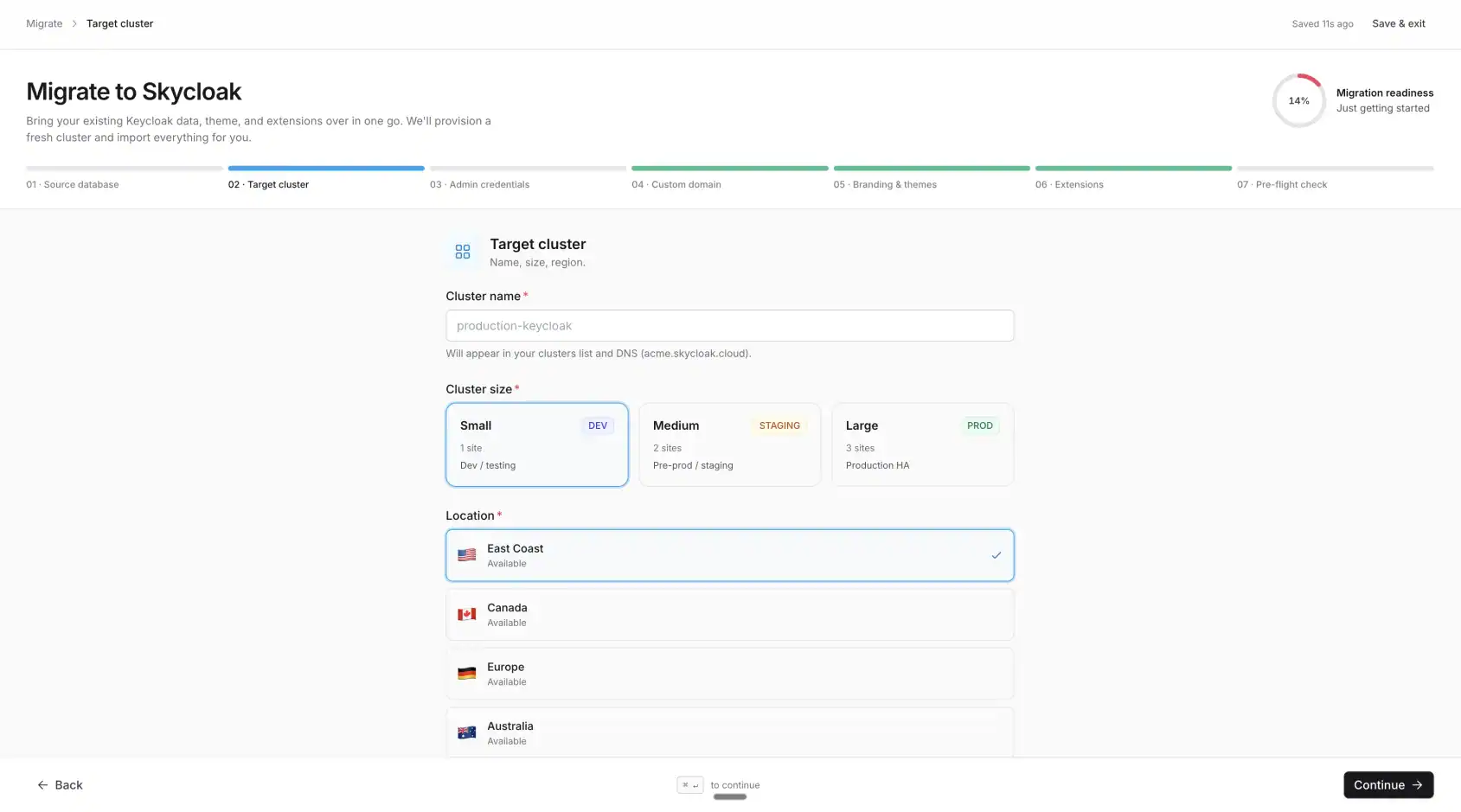 Migration wizard step 2: choosing the target cluster name, size, and location