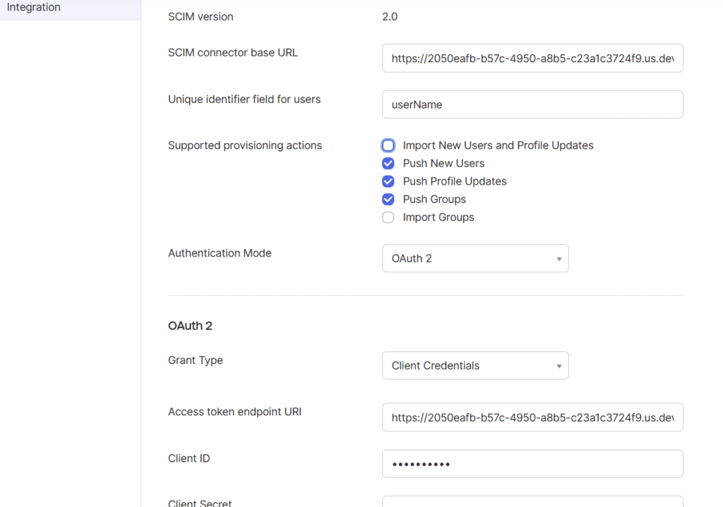 SCIM integration settings: version 2.0, base URL, userName as unique ID, provisioning actions with several checks, OAuth 2 with Client Credentials, token URL, client ID and secret.