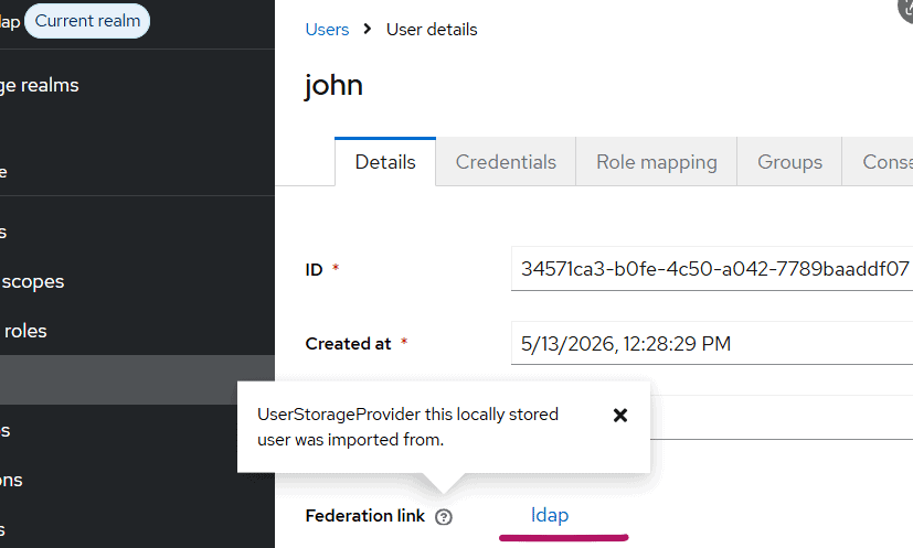 Admin user details for John in a management console, showing ID and Created at fields, a tooltip about local import from UserStorageProvider, and an LDAP federation link highlighted in purple.